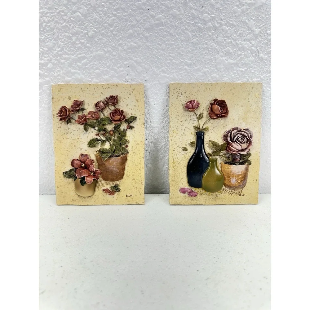 Blum 3D Resin Wall Plaques Roses In Painted Vases Signed 6.25